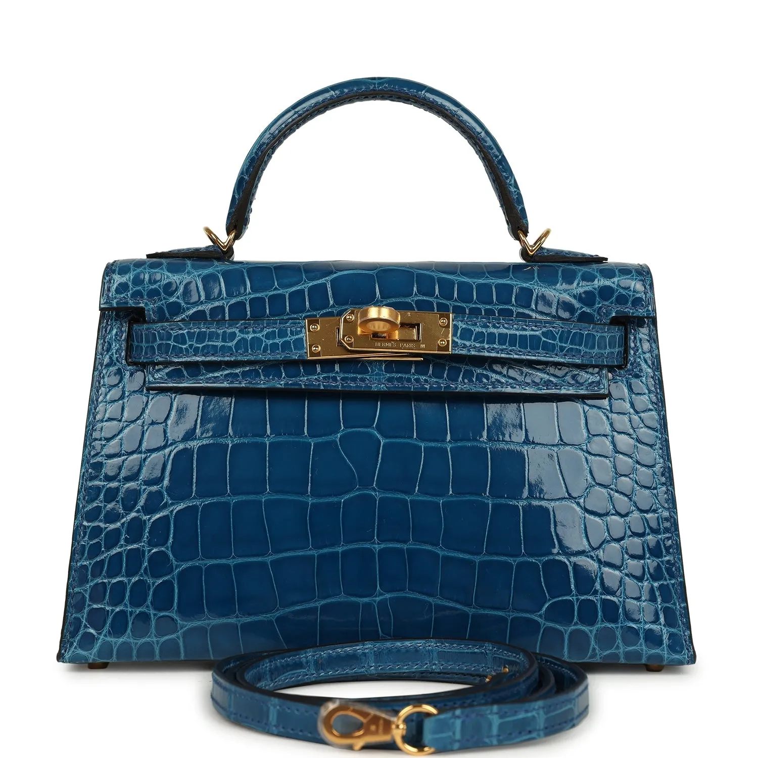 Hermès Kelly Sellier 20 Bleu Mykonos Shiny Alligator Gold Hardware